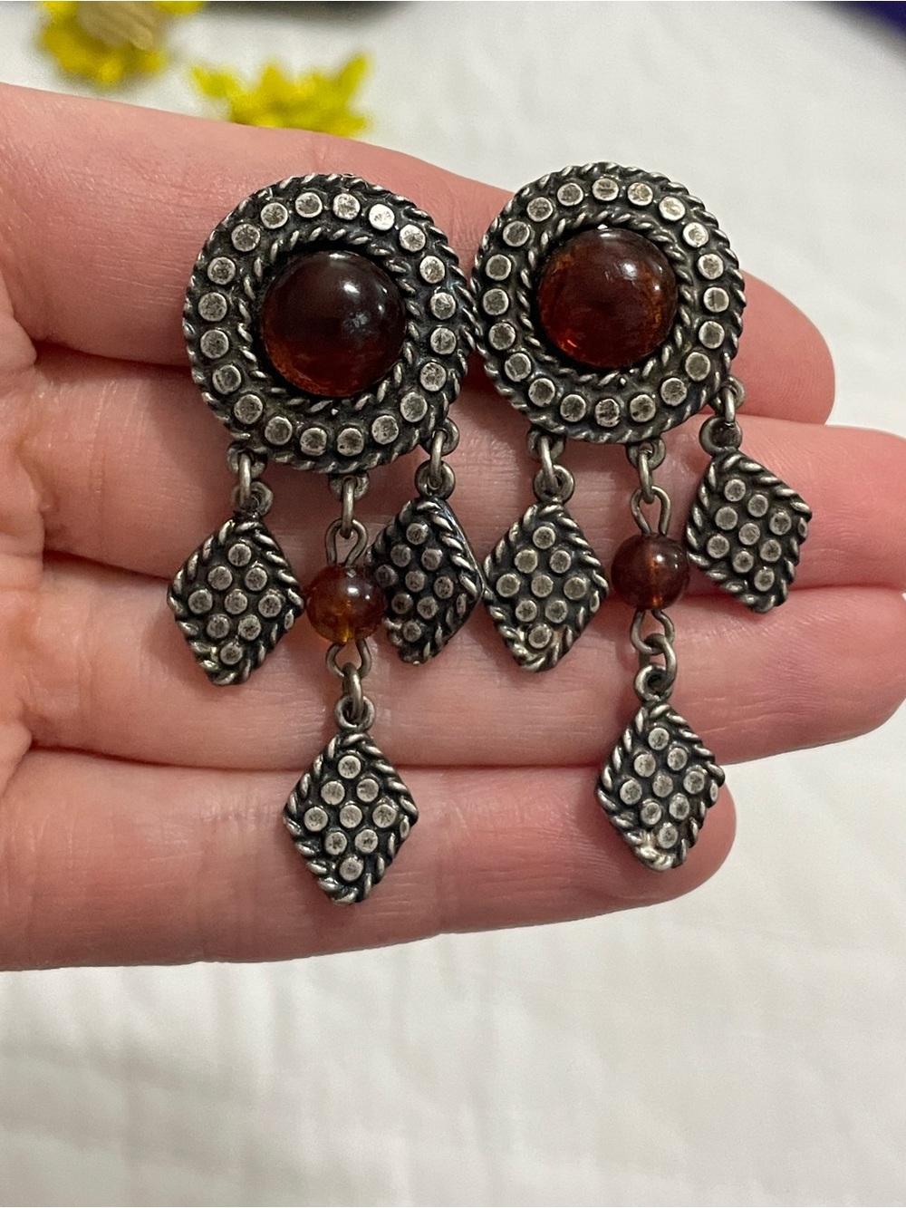 Amber Dangle Earrings Chandelier Style Likely Pewter Metal